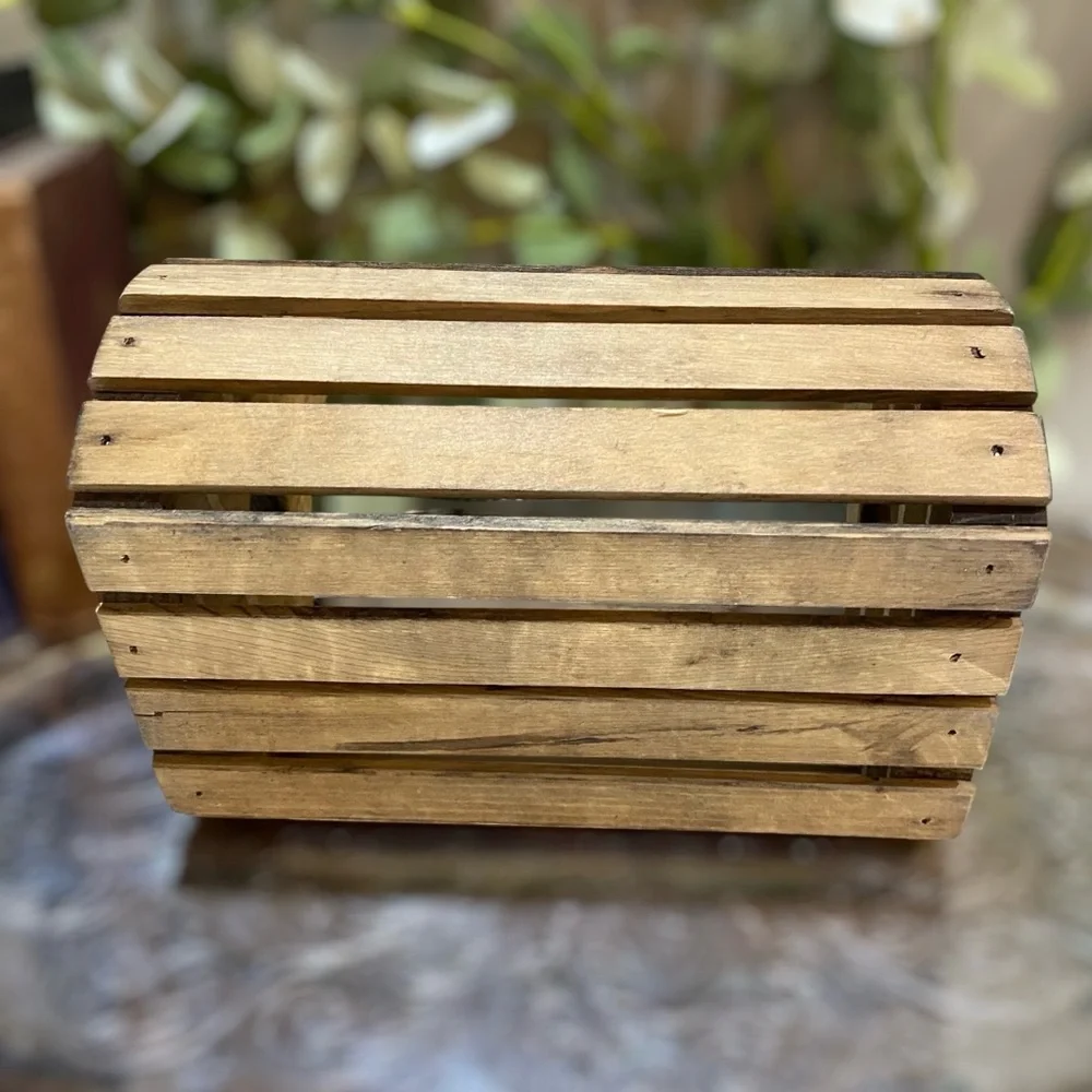Vintage Primitive Heart Wood Slat Basket Caddy with Handle Farmhouse Country